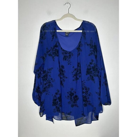 Torrid Floral Print Top Black Bright Blue Chiffon Split Tulip Back Womens Size 3 - Picture 1 of 11